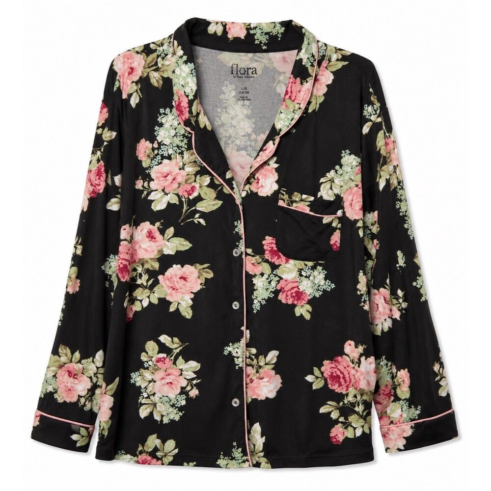 Flora By Flora Nikrooz Pajama Top Women's Large Black Floral Button Long Sleeve